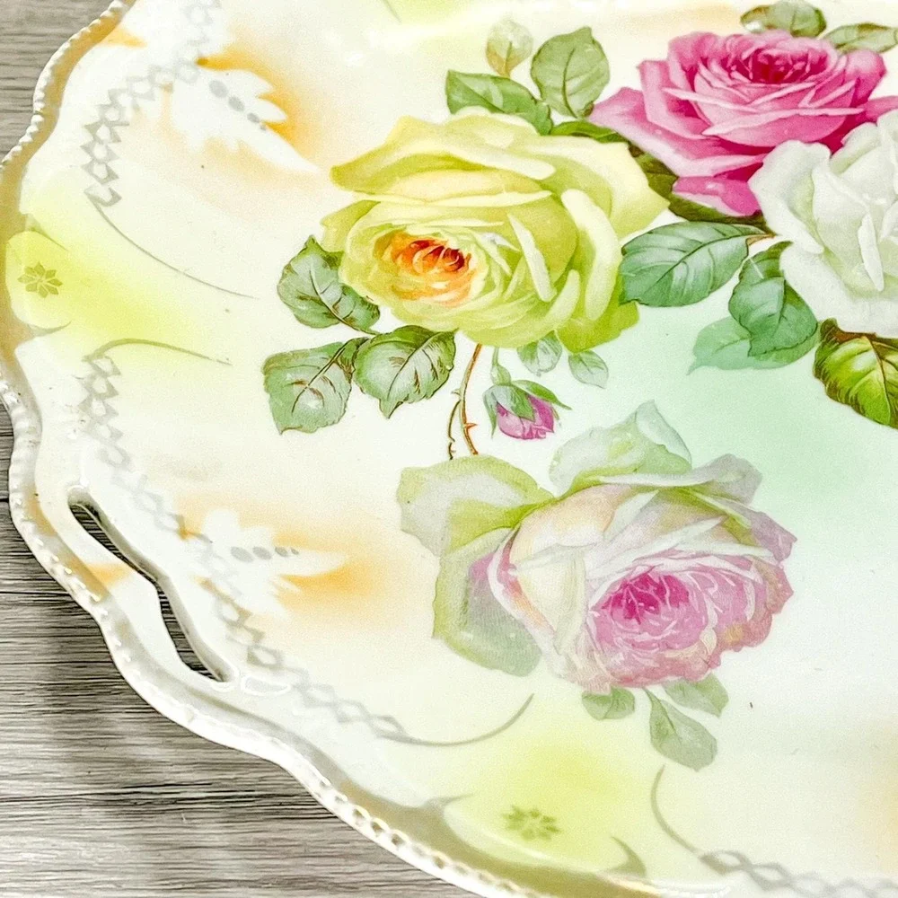 Antique Floral Platter with Handles‎ and Pink Roses